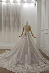 Cap Sleeves Sheer Neckline Beaded Formal Dresses with Detachable Train